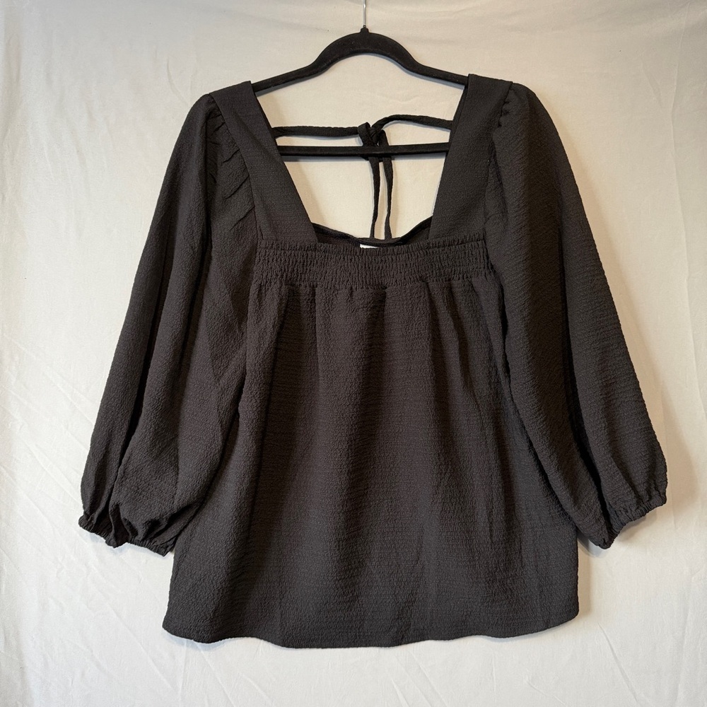 Ichi Womens Crepe Peasant Boho Top Size 38 Black Smocked Square Neck Flowy Hippy